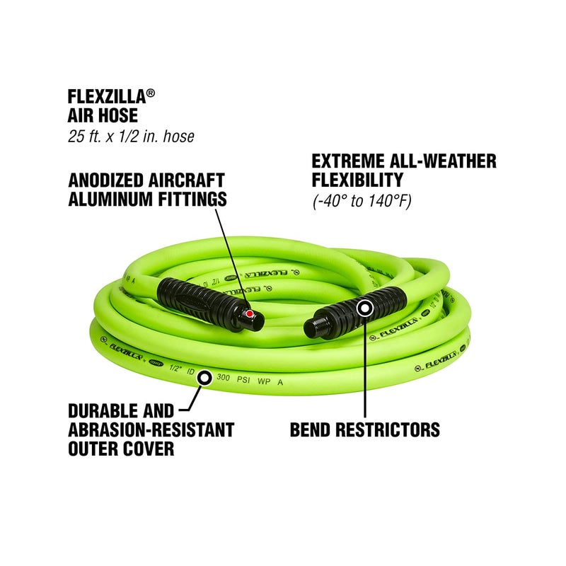 Flexzilla Air Hose, 1/2 in. x 25 ft., 3/8 in. MNPT Fittings, Heavy Duty, Lightweight, Hybrid, ZillaGreen - HFZ1225YW3 - Image 3